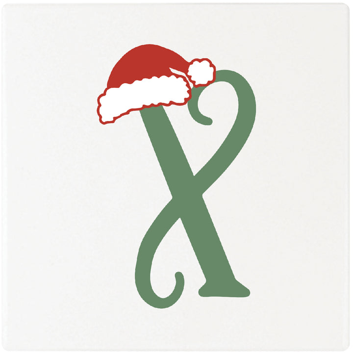 Santa Hat Monogram Absorbent Ceramic 4" Square Drink Coasters, Set of 4