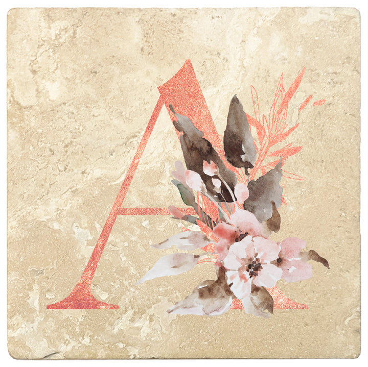 Rose Gold Monogram Absorbent Travertine 4" Square Drink Coasters, Set of 4