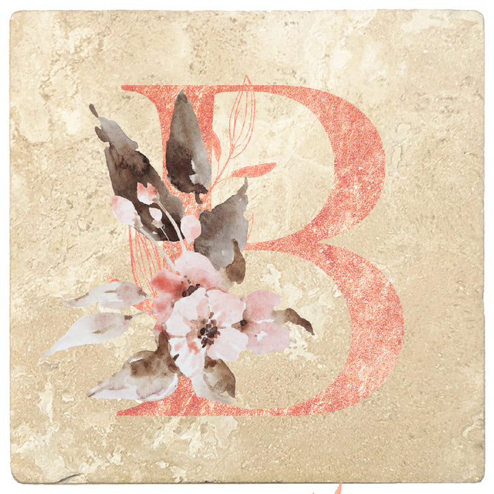 Rose Gold Monogram Absorbent Travertine 4" Square Drink Coasters, Set of 4
