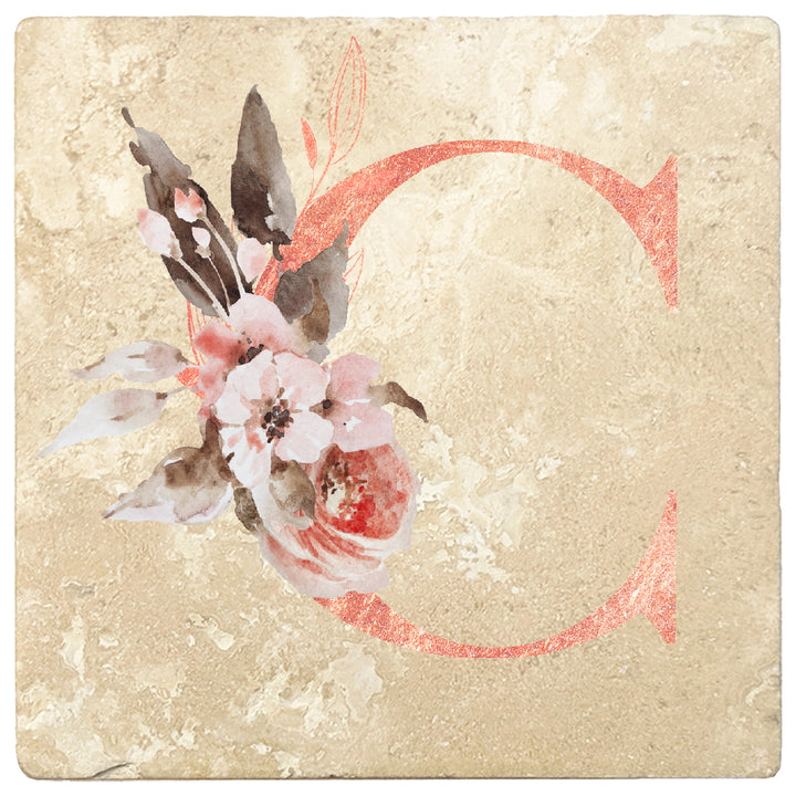Rose Gold Monogram Absorbent Travertine 4" Square Drink Coasters, Set of 4