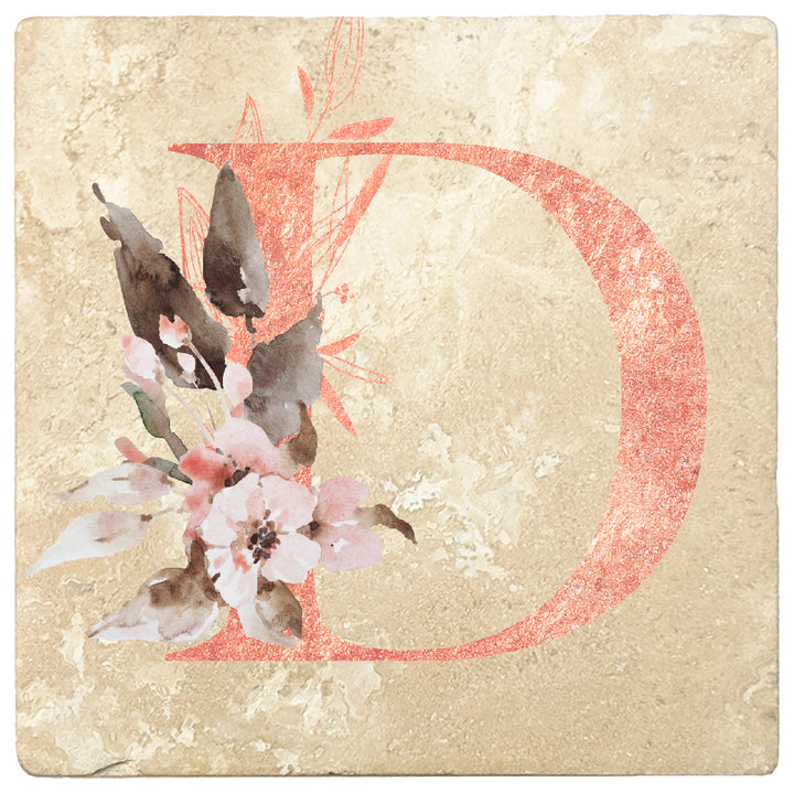 Rose Gold Monogram Absorbent Travertine 4" Square Drink Coasters, Set of 4