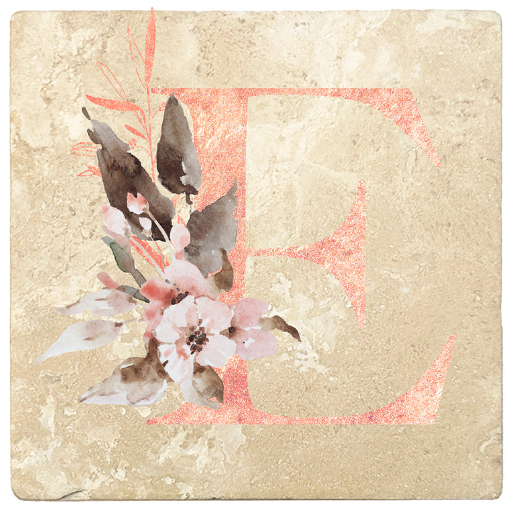 Rose Gold Monogram Absorbent Travertine 4" Square Drink Coasters, Set of 4