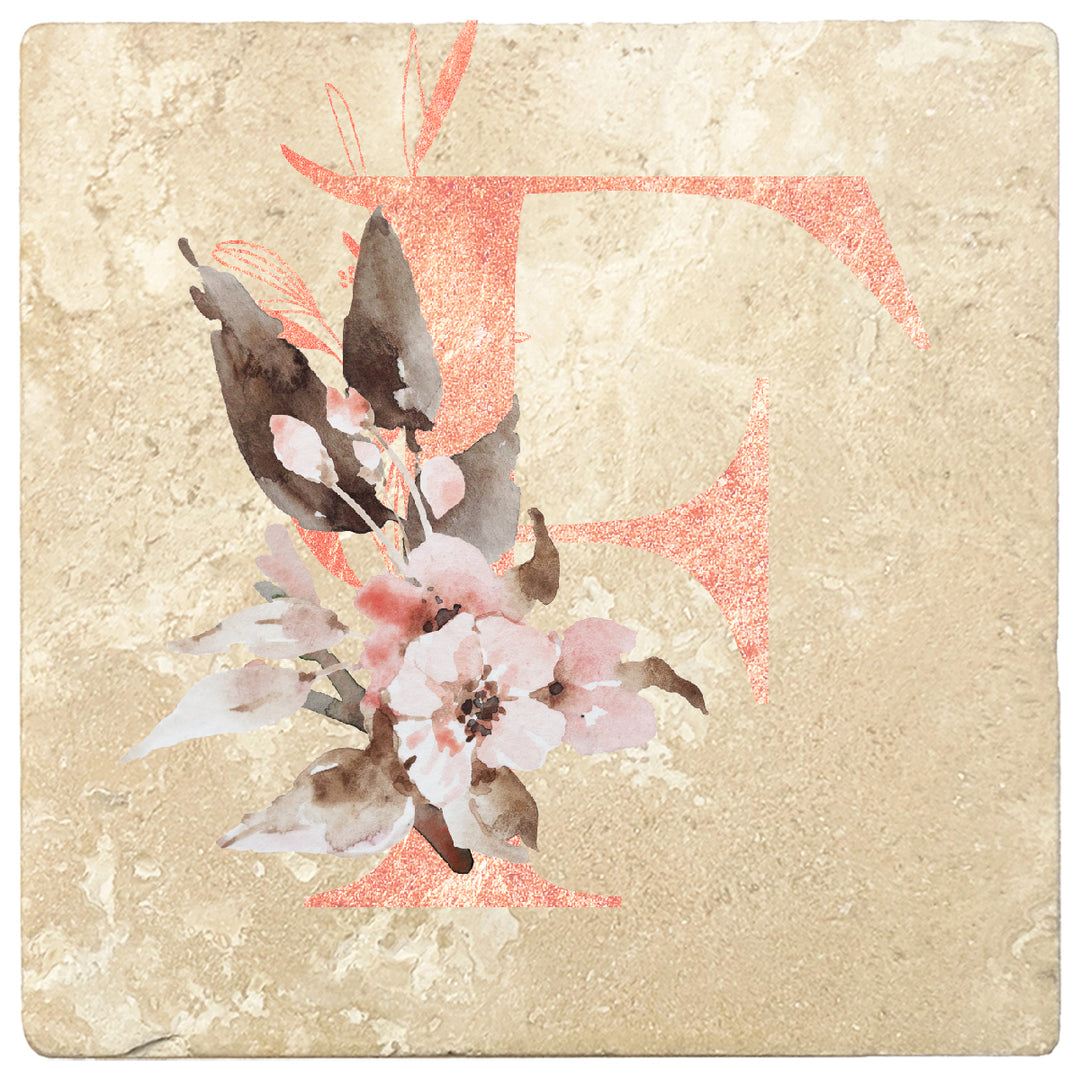 Rose Gold Monogram Absorbent Travertine 4" Square Drink Coasters, Set of 4