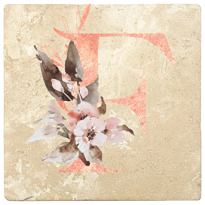Rose Gold Monogram Absorbent Travertine 4" Square Drink Coasters, Set of 4