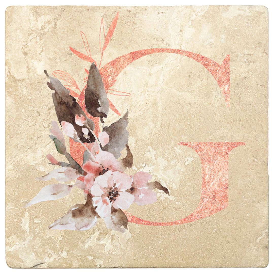 Rose Gold Monogram Absorbent Travertine 4" Square Drink Coasters, Set of 4