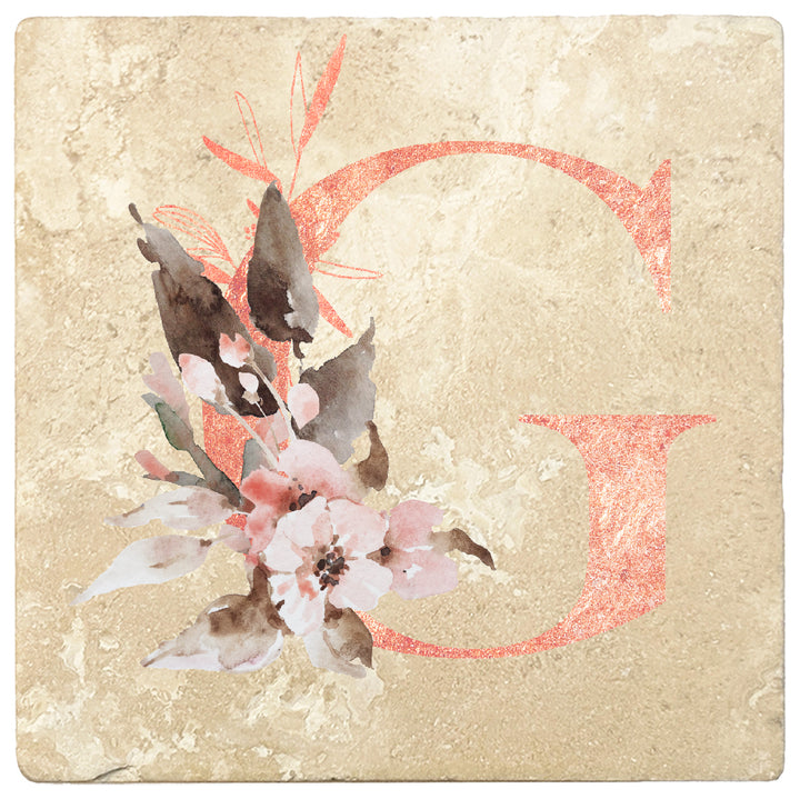 Rose Gold Monogram Absorbent Travertine 4" Square Drink Coasters, Set of 4