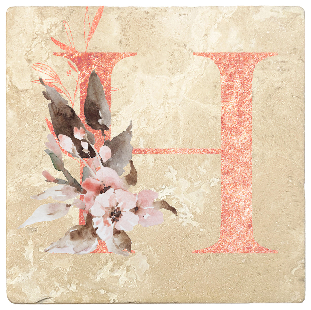 Rose Gold Monogram Absorbent Travertine 4" Square Drink Coasters, Set of 4