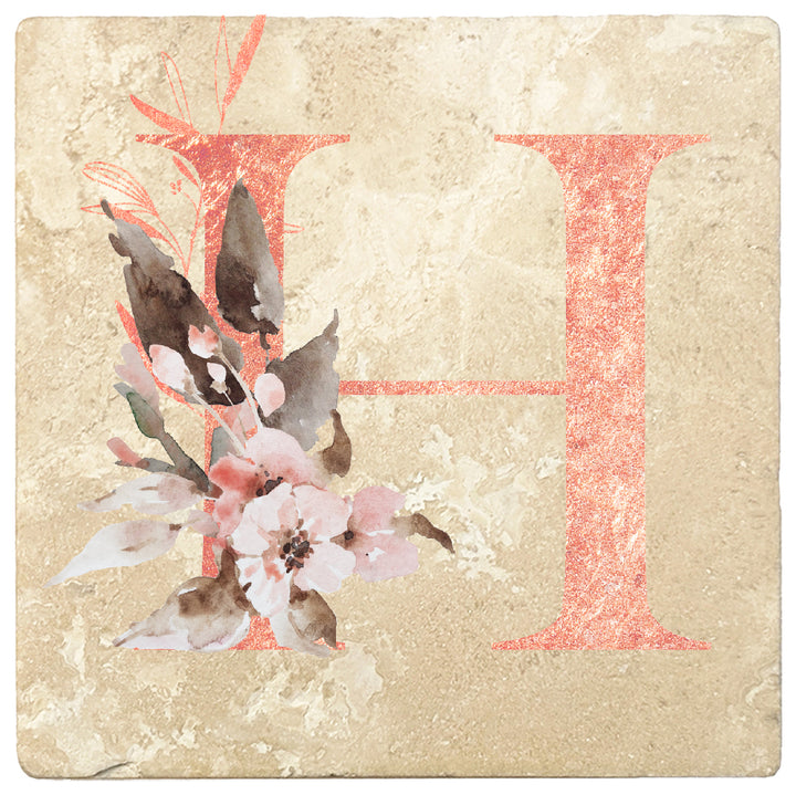 Rose Gold Monogram Absorbent Travertine 4" Square Drink Coasters, Set of 4