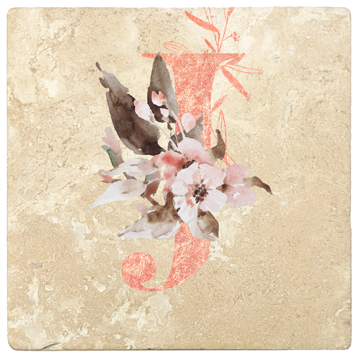 Rose Gold Monogram Absorbent Travertine 4" Square Drink Coasters, Set of 4