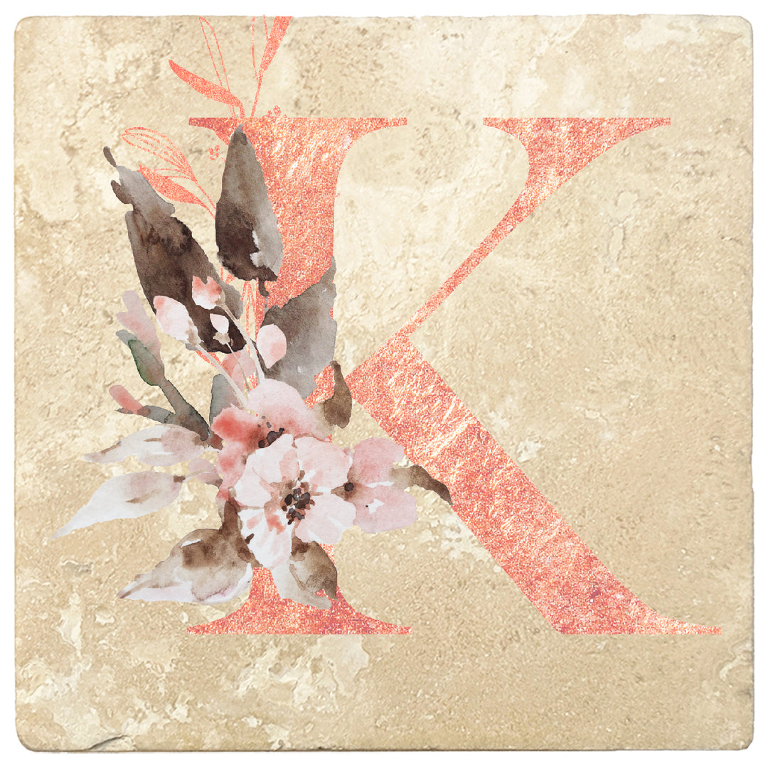 Rose Gold Monogram Absorbent Travertine 4" Square Drink Coasters, Set of 4