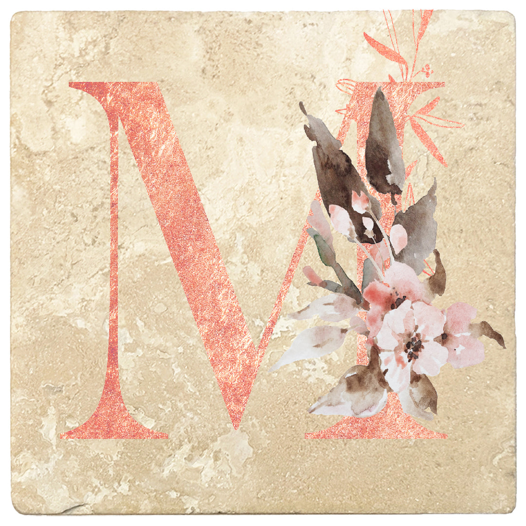 Rose Gold Monogram Absorbent Travertine 4" Square Drink Coasters, Set of 4