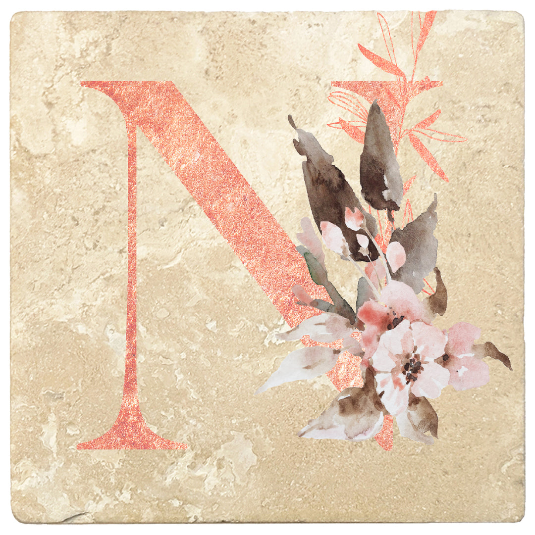 Rose Gold Monogram Absorbent Travertine 4" Square Drink Coasters, Set of 4