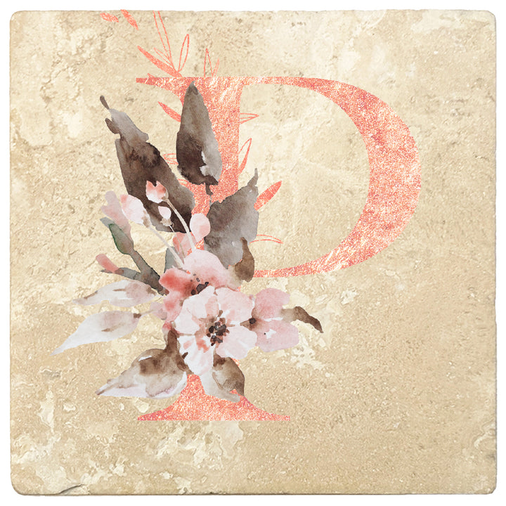 Rose Gold Monogram Absorbent Travertine 4" Square Drink Coasters, Set of 4
