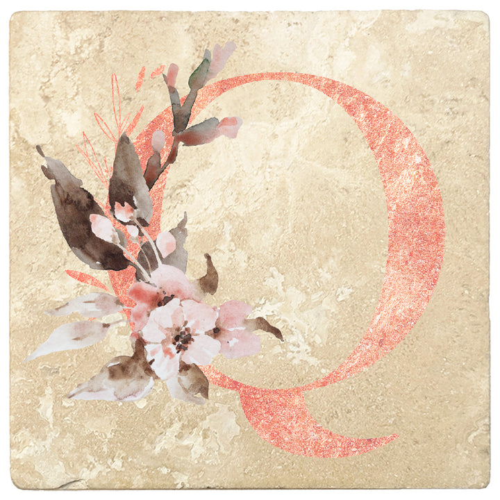Rose Gold Monogram Absorbent Travertine 4" Square Drink Coasters, Set of 4