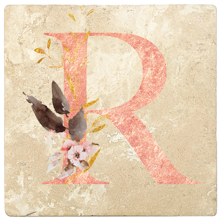 Rose Gold Monogram Absorbent Travertine 4" Square Drink Coasters, Set of 4