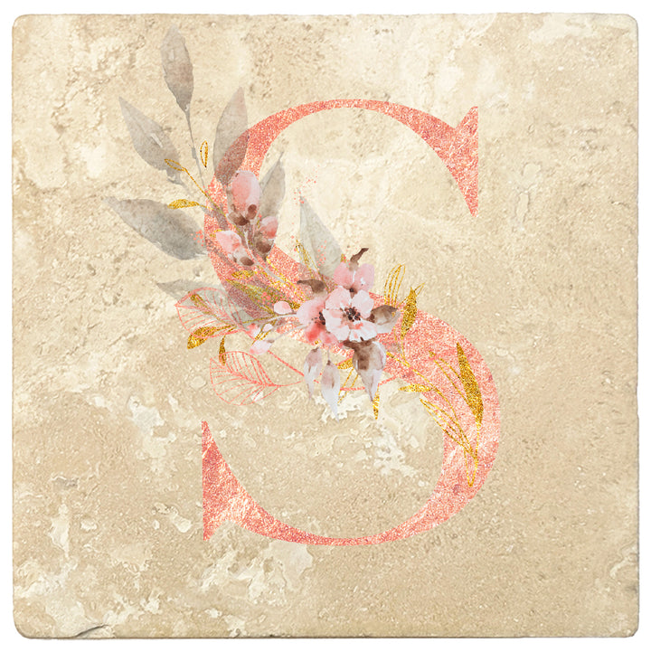 Rose Gold Monogram Absorbent Travertine 4" Square Drink Coasters, Set of 4