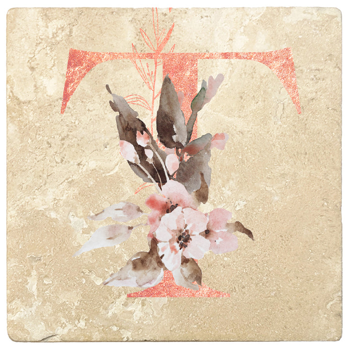 Rose Gold Monogram Absorbent Travertine 4" Square Drink Coasters, Set of 4