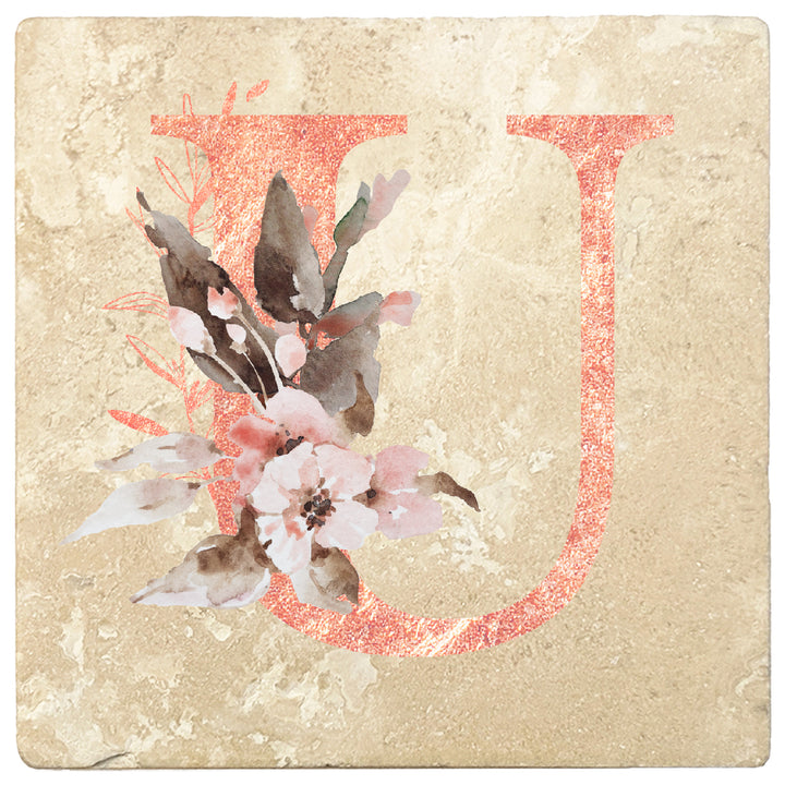 Rose Gold Monogram Absorbent Travertine 4" Square Drink Coasters, Set of 4