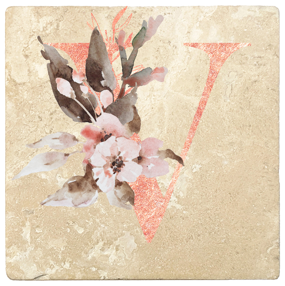 Rose Gold Monogram Absorbent Travertine 4" Square Drink Coasters, Set of 4
