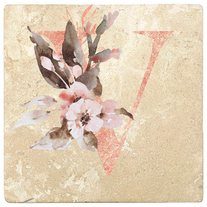 Rose Gold Monogram Absorbent Travertine 4" Square Drink Coasters, Set of 4