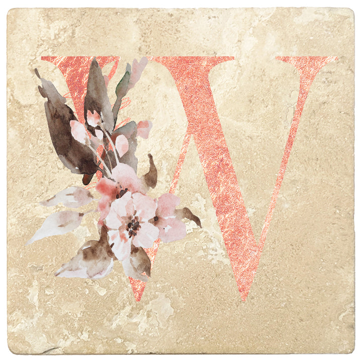 Rose Gold Monogram Absorbent Travertine 4" Square Drink Coasters, Set of 4