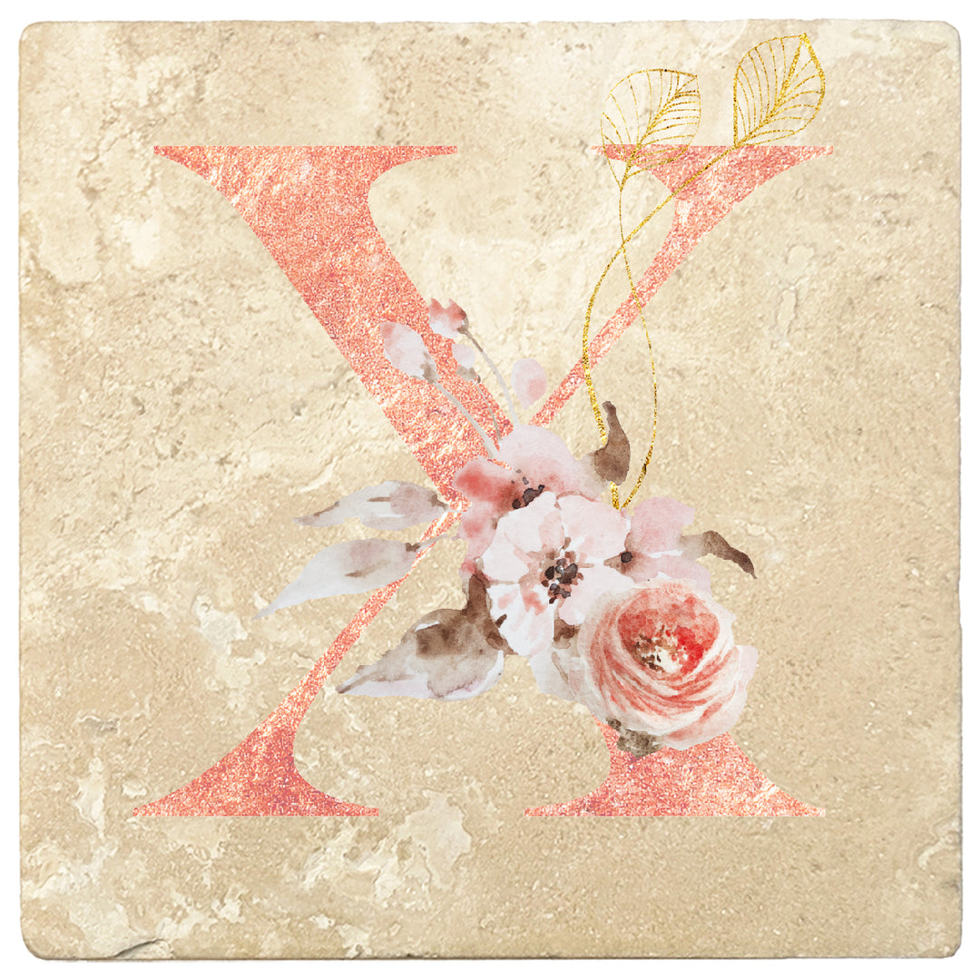 Rose Gold Monogram Absorbent Travertine 4" Square Drink Coasters, Set of 4