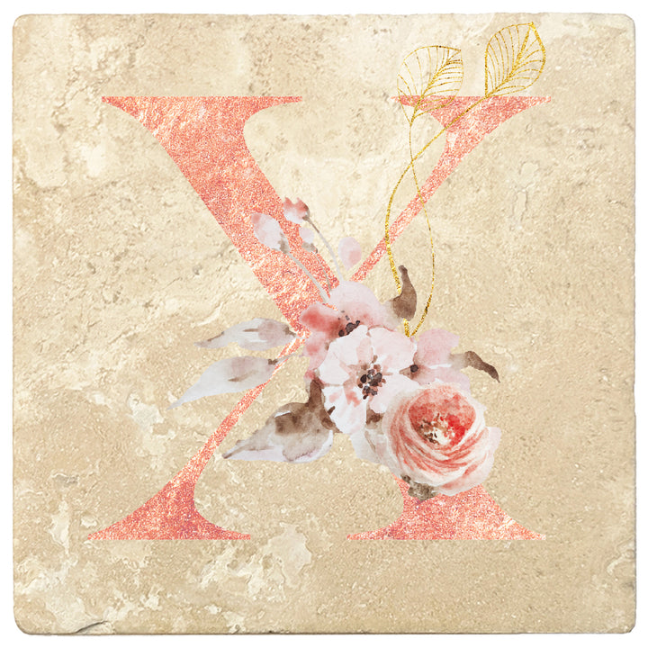 Rose Gold Monogram Absorbent Travertine 4" Square Drink Coasters, Set of 4