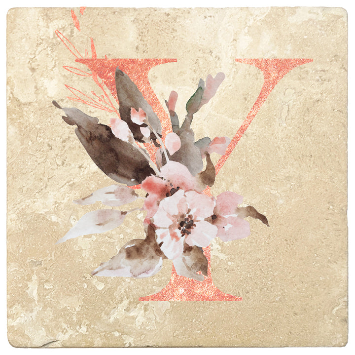Rose Gold Monogram Absorbent Travertine 4" Square Drink Coasters, Set of 4