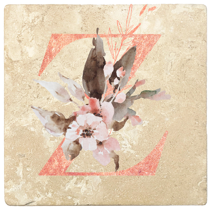 Rose Gold Monogram Absorbent Travertine 4" Square Drink Coasters, Set of 4