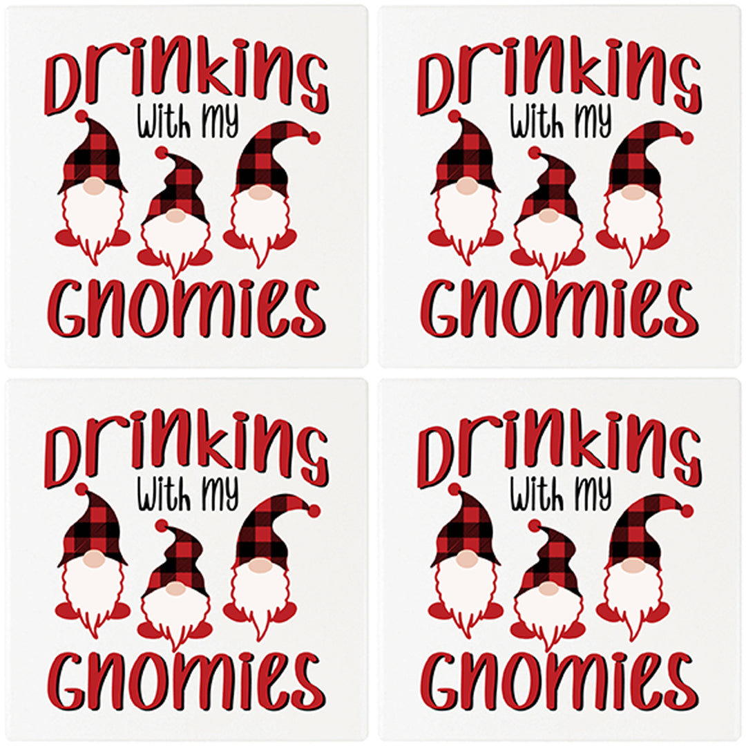 [Set of 4] 4" Premium Absorbent Ceramic Square Christmas Holiday Humor Gift Housewarming Coasters - Drinking With My Gnomies