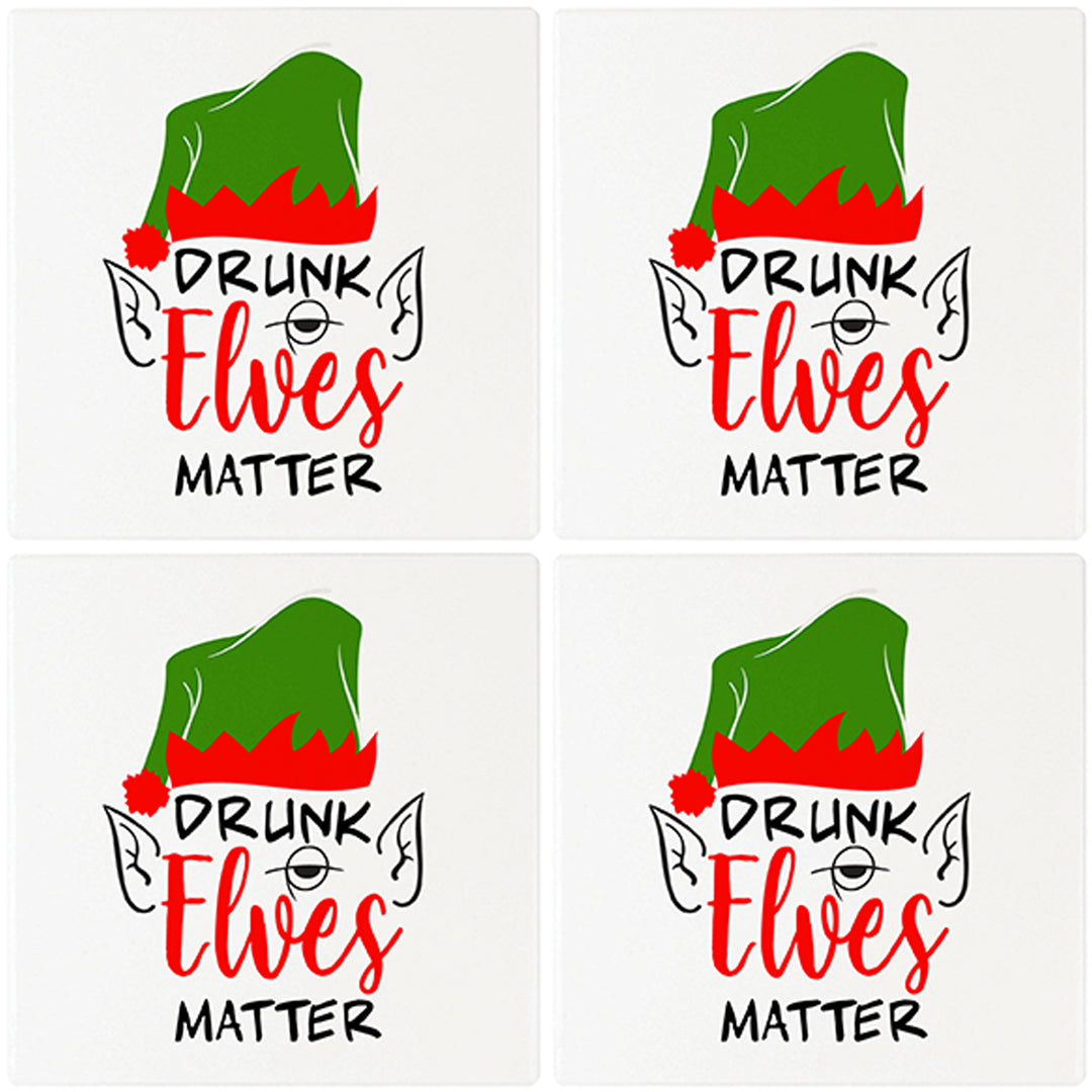 [Set of 4] 4" Premium Absorbent Ceramic Square Christmas Holiday Humor Gift Housewarming Coasters - Drunk Elves Matter