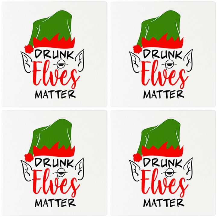 [Set of 4] 4" Premium Absorbent Ceramic Square Christmas Holiday Humor Gift Housewarming Coasters - Drunk Elves Matter