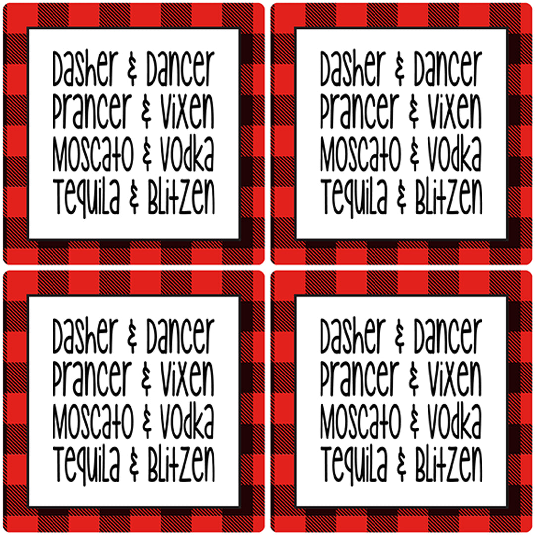 [Set of 4] 4" Premium Absorbent Ceramic Square Christmas Holiday Humor Gift Housewarming Coasters - Dasher & Dancer