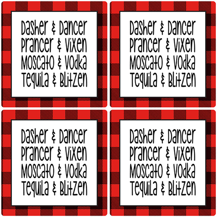 [Set of 4] 4" Premium Absorbent Ceramic Square Christmas Holiday Humor Gift Housewarming Coasters - Dasher & Dancer