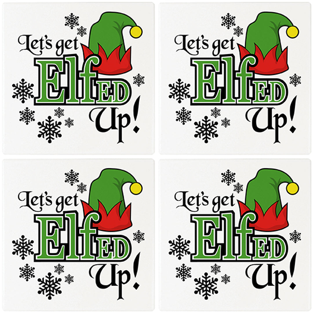 [Set of 4] 4" Premium Absorbent Ceramic Square Christmas Holiday Humor Gift Housewarming Coasters - Let's Get Elfed Up!