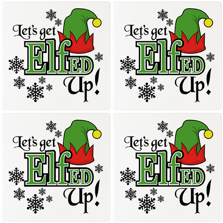 [Set of 4] 4" Premium Absorbent Ceramic Square Christmas Holiday Humor Gift Housewarming Coasters - Let's Get Elfed Up!
