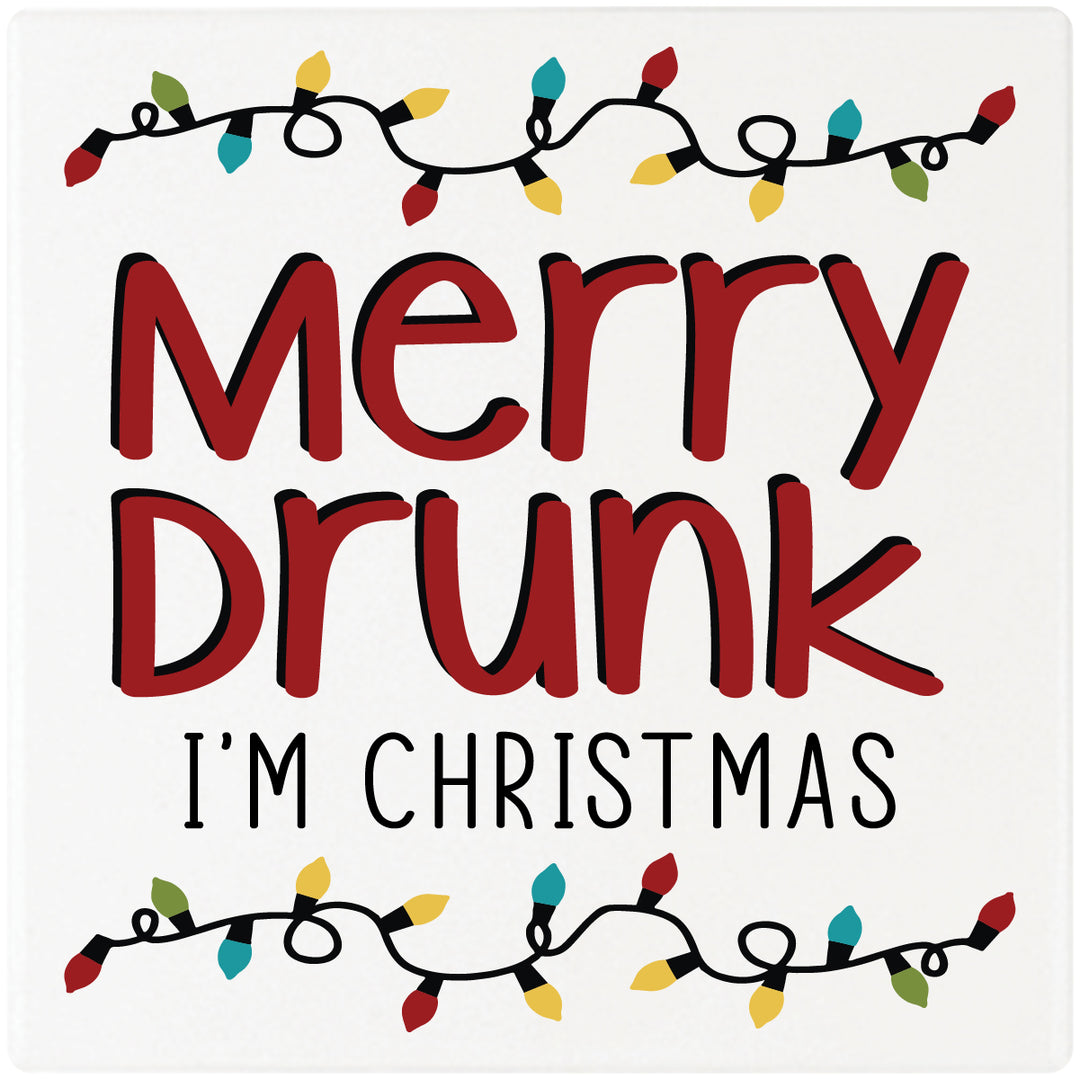 [Set of 4] 4" Premium Absorbent Ceramic Square Christmas Holiday Humor Gift Housewarming Coasters - Merry Drunk