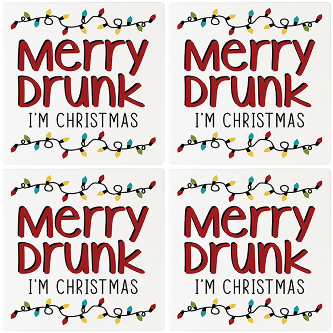 [Set of 4] 4" Premium Absorbent Ceramic Square Christmas Holiday Humor Gift Housewarming Coasters - Merry Drunk