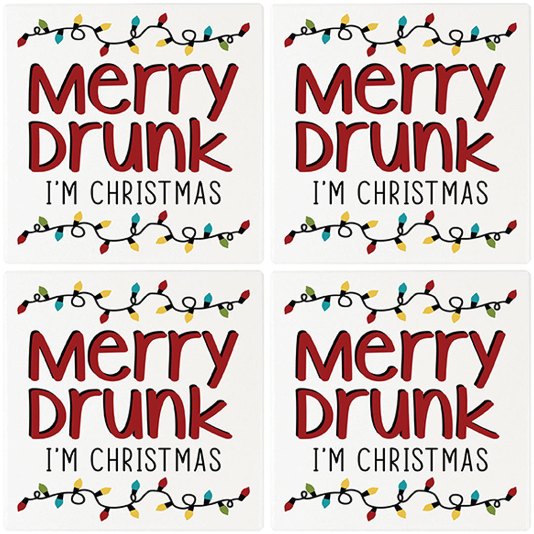 [Set of 4] 4" Premium Absorbent Ceramic Square Christmas Holiday Humor Gift Housewarming Coasters - Merry Drunk