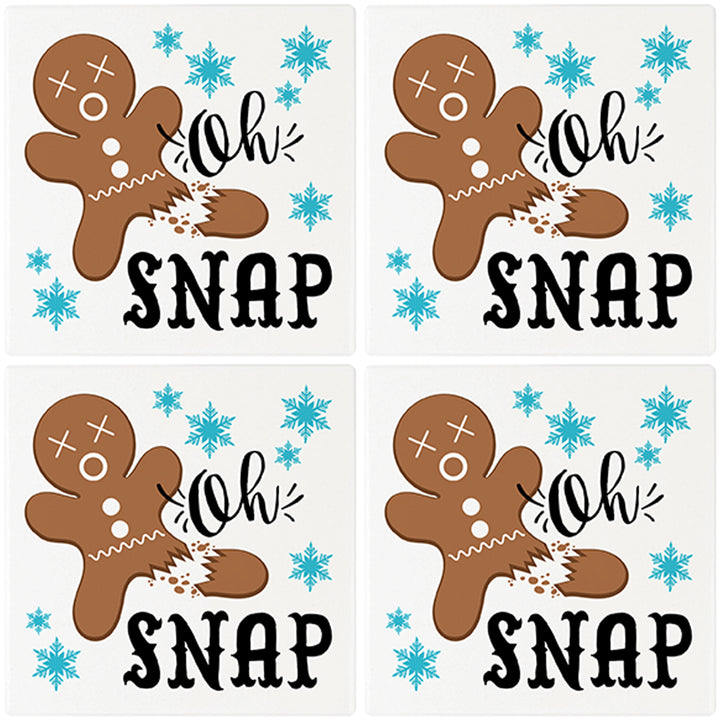 [Set of 4] 4" Premium Absorbent Ceramic Square Christmas Holiday Humor Gift Housewarming Coasters - Oh Snap