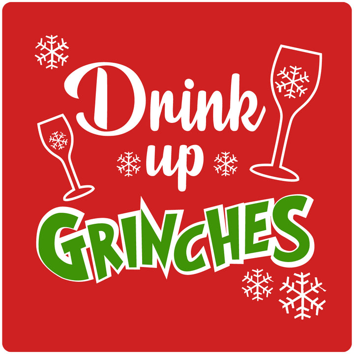 [Set of 4] 4" Premium Absorbent Ceramic Square Christmas Holiday Humor Gift Housewarming Coasters - Drink Up Grinches Red