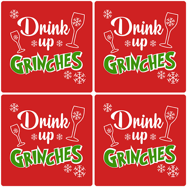 [Set of 4] 4" Premium Absorbent Ceramic Square Christmas Holiday Humor Gift Housewarming Coasters - Drink Up Grinches Red