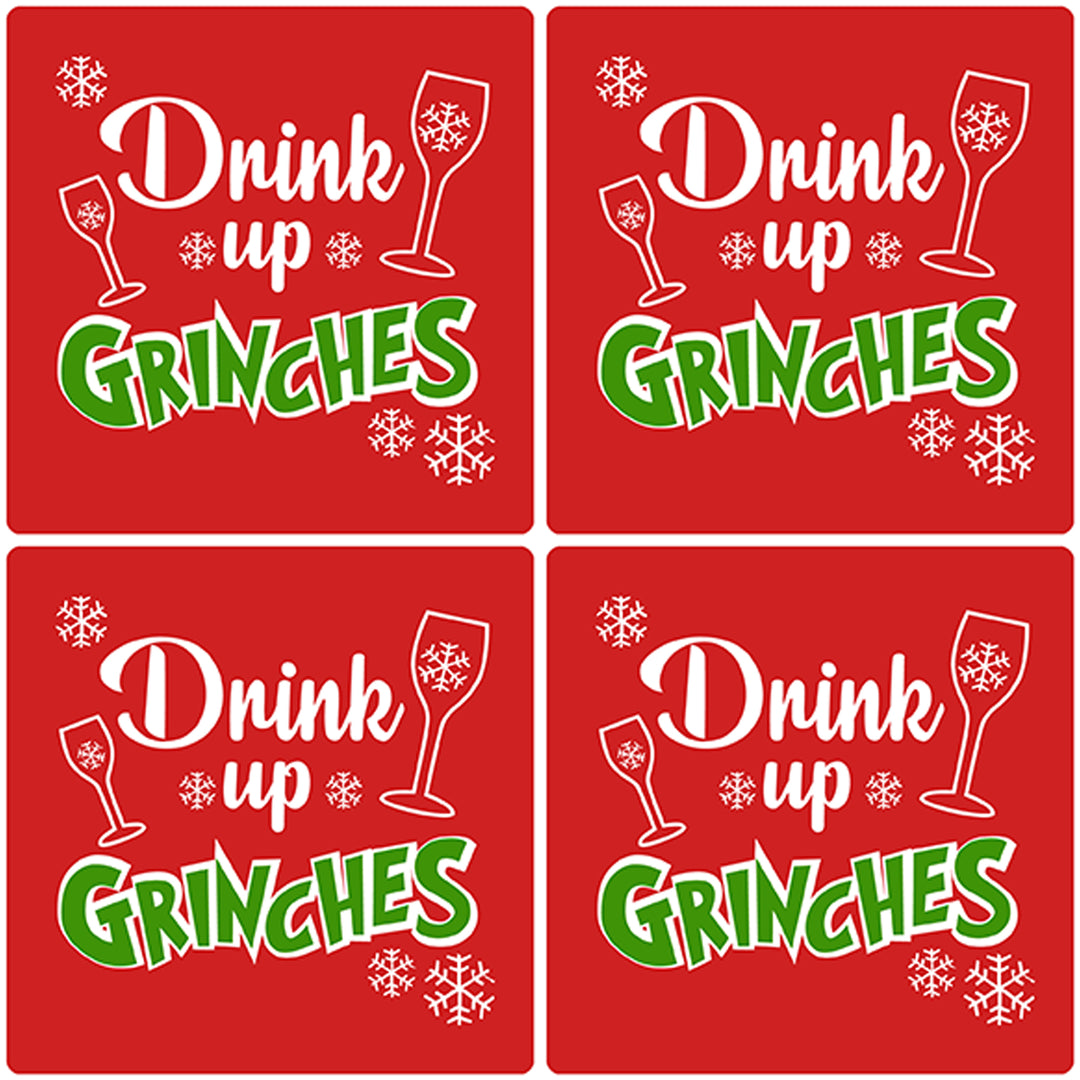 [Set of 4] 4" Premium Absorbent Ceramic Square Christmas Holiday Humor Gift Housewarming Coasters - Drink Up Grinches Red