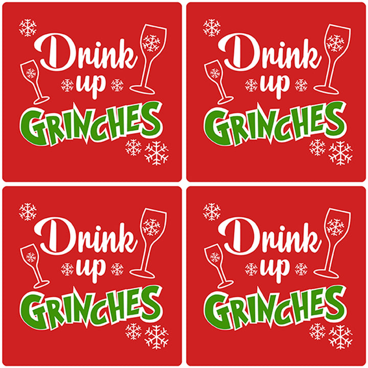[Set of 4] 4" Premium Absorbent Ceramic Square Christmas Holiday Humor Gift Housewarming Coasters - Drink Up Grinches Red