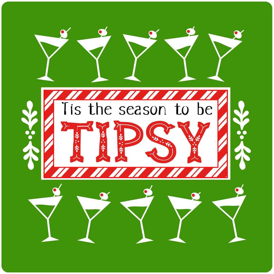 [Set of 4] 4" Premium Absorbent Ceramic Square Christmas Holiday Humor Gift Housewarming Coasters - Tis The Season To Be Tipsy