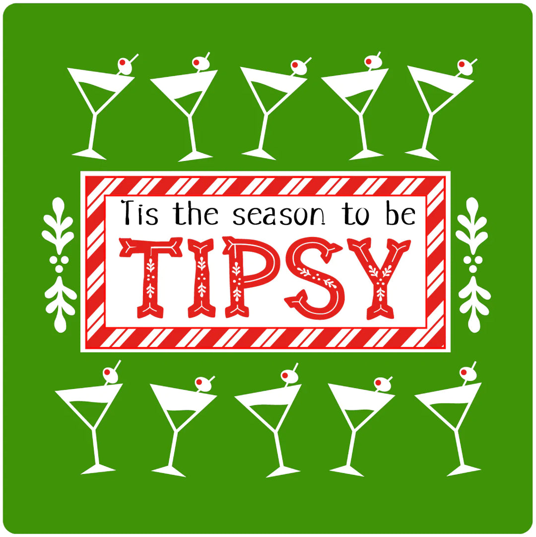 4" Square Cermaic Christmas Humor Coaster Set, Tis The Season To Be Tipsy , 2 Sets of 4, 8 Pieces - Christmas by Krebs Wholesale