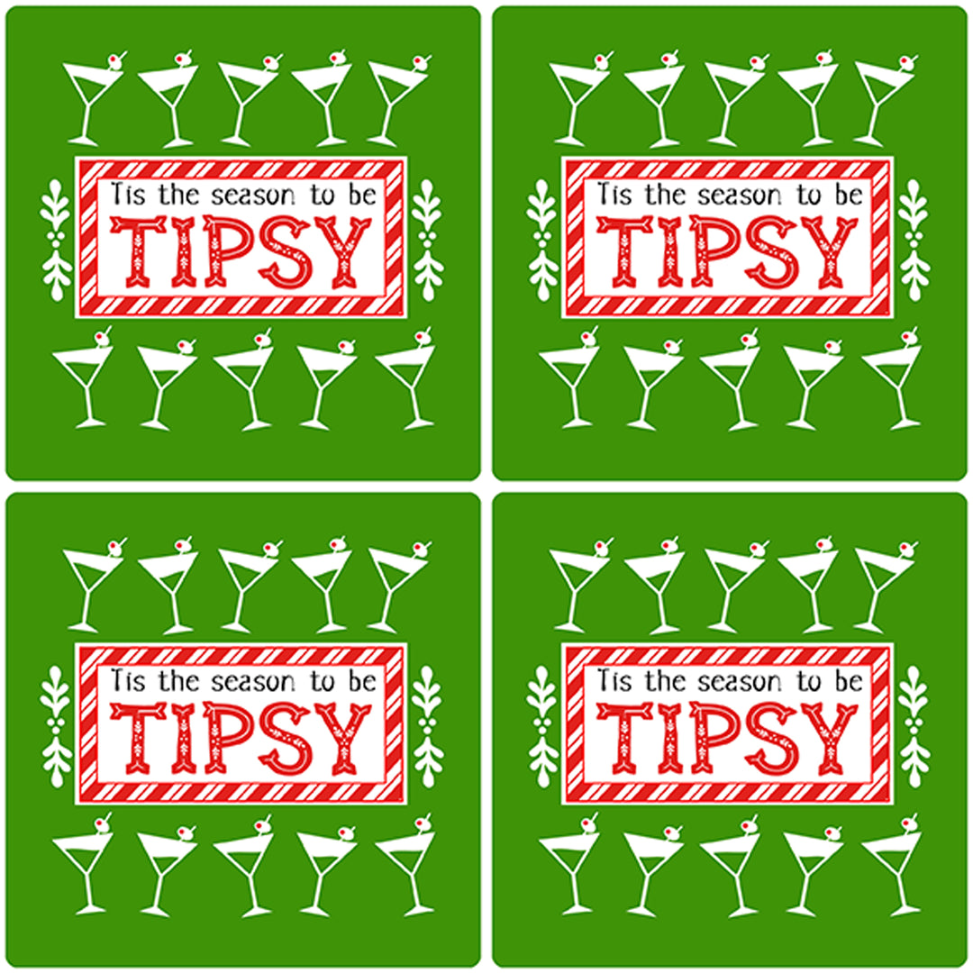 [Set of 4] 4" Premium Absorbent Ceramic Square Christmas Holiday Humor Gift Housewarming Coasters - Tis The Season To Be Tipsy