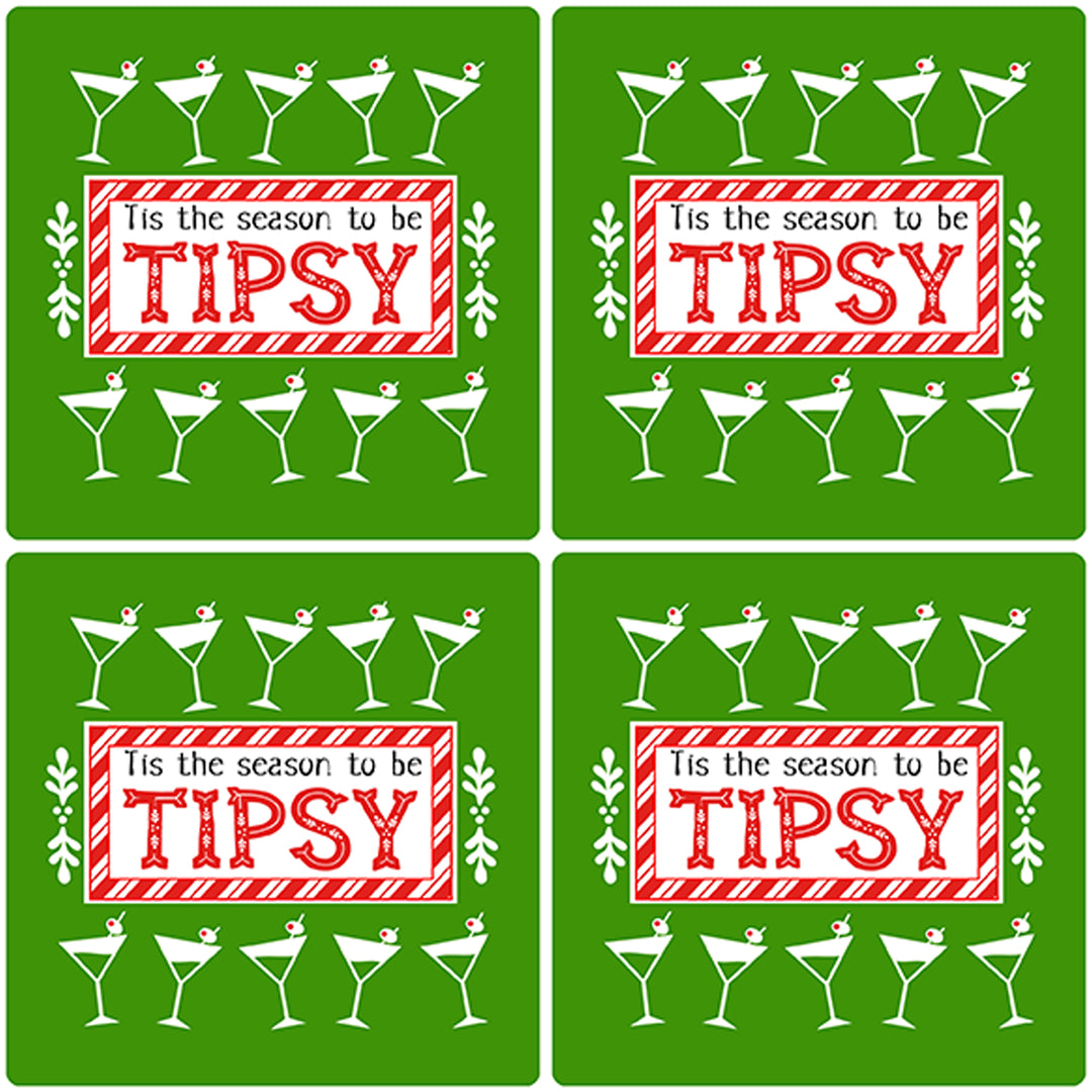 [Set of 4] 4" Premium Absorbent Ceramic Square Christmas Holiday Humor Gift Housewarming Coasters - Tis The Season To Be Tipsy