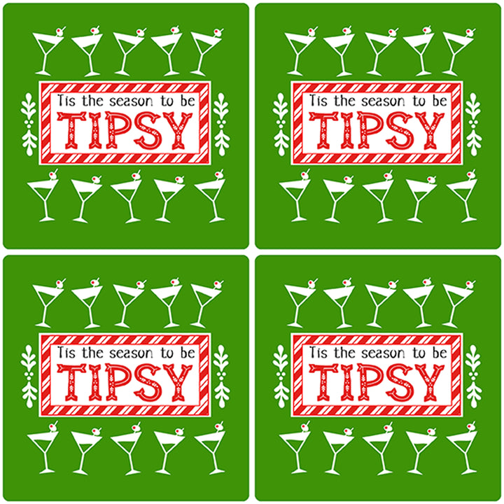 [Set of 4] 4" Premium Absorbent Ceramic Square Christmas Holiday Humor Gift Housewarming Coasters - Tis The Season To Be Tipsy