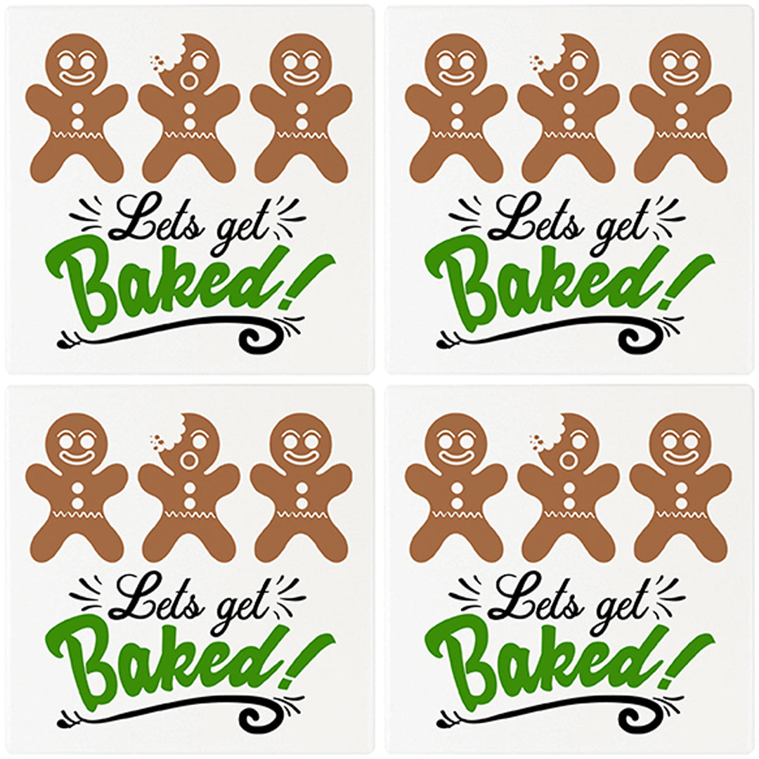 [Set of 4] 4" Premium Absorbent Ceramic Square Christmas Holiday Humor Gift Housewarming Coasters - Let's Get Baked